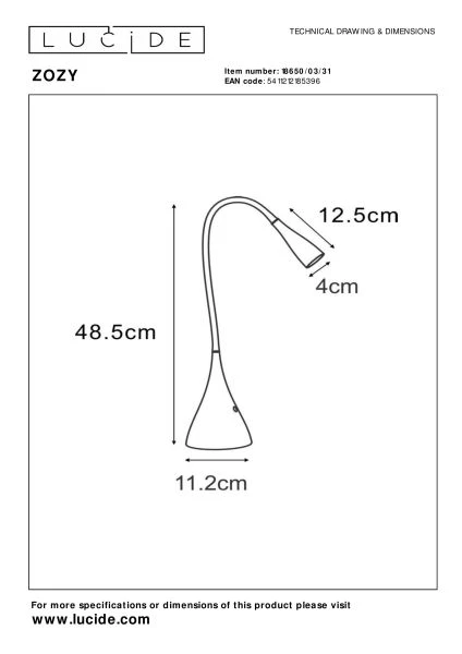 Lucide ZOZY - Lampe de bureau - LED Dim. - 1x4W 3000K - Blanc - technique